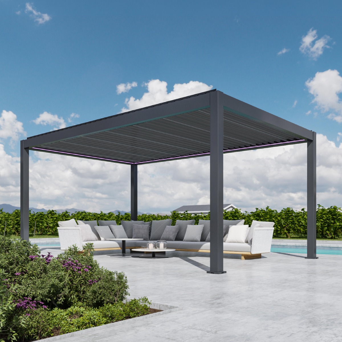 Pratt & Söhne California extra hoge pergola 6 x 4 m in antraciet boven een loungeset bij een zwembad