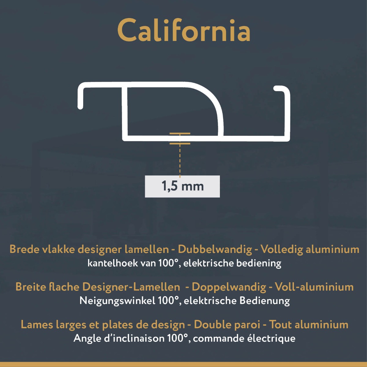Doorsnede van de lamel: brede, vlakke designlamel, dubbelwandig en volledig aluminium, kantelhoek 100°, elektrische bediening